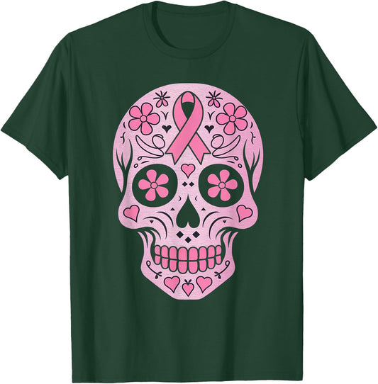 Sugar Skull Pink Ribbon Calavera Breast Cancer Awareness T-Shirt - T-Shirt | Forest