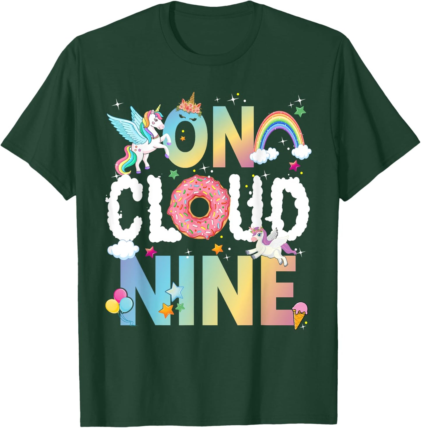 Retro On Cloud Nine Flower Happy 9th Birthday 9 Years Old T-Shirt - T-Shirt | Forest