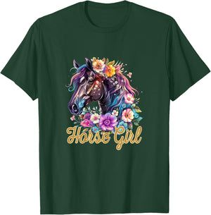 Horse Girl Flower Graphic T-Shirt - T-Shirt | Forest