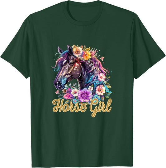 Horse Girl Flower Graphic T-Shirt - T-Shirt | Forest