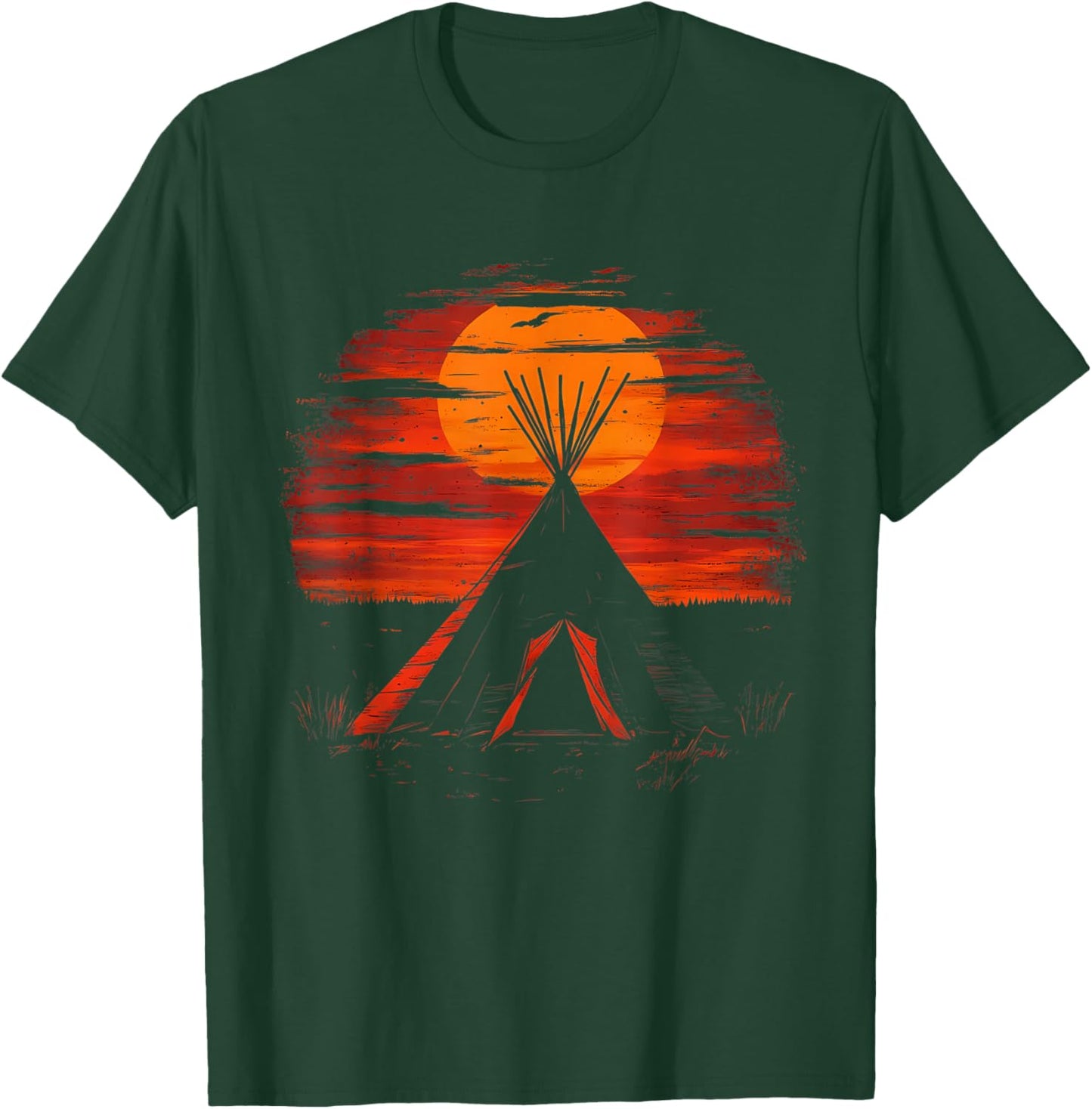 Native American Tipi Tent Indian Tribe Landscape Sunset T-Shirt - T-Shirt | Forest