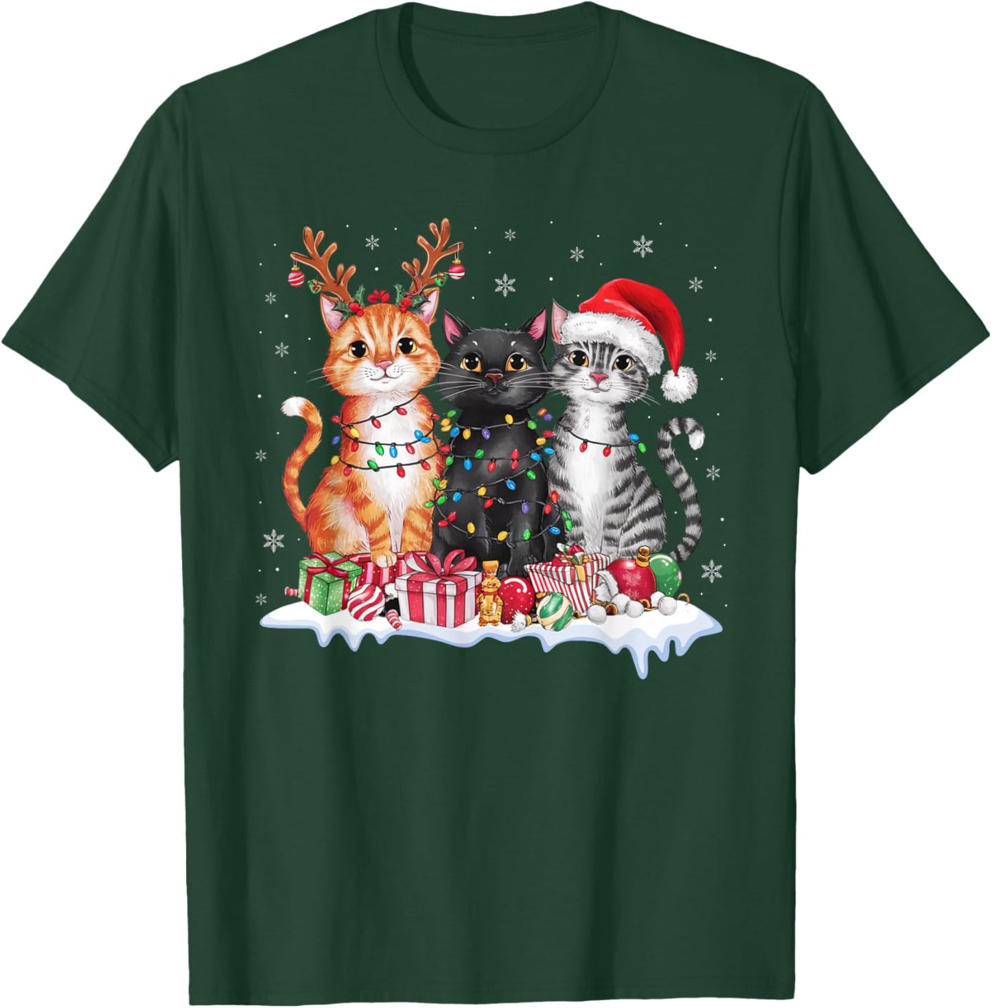 Santa Cat Christmas Light Gorgeous Reindeer Pajama Cat Lover T-Shirt - T-Shirt | Forest