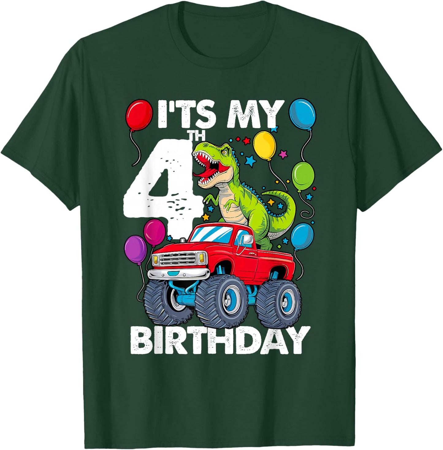 It's My 4th Birthday Dinosaur Monster Truck T-Shirt - T-Shirt | Forest