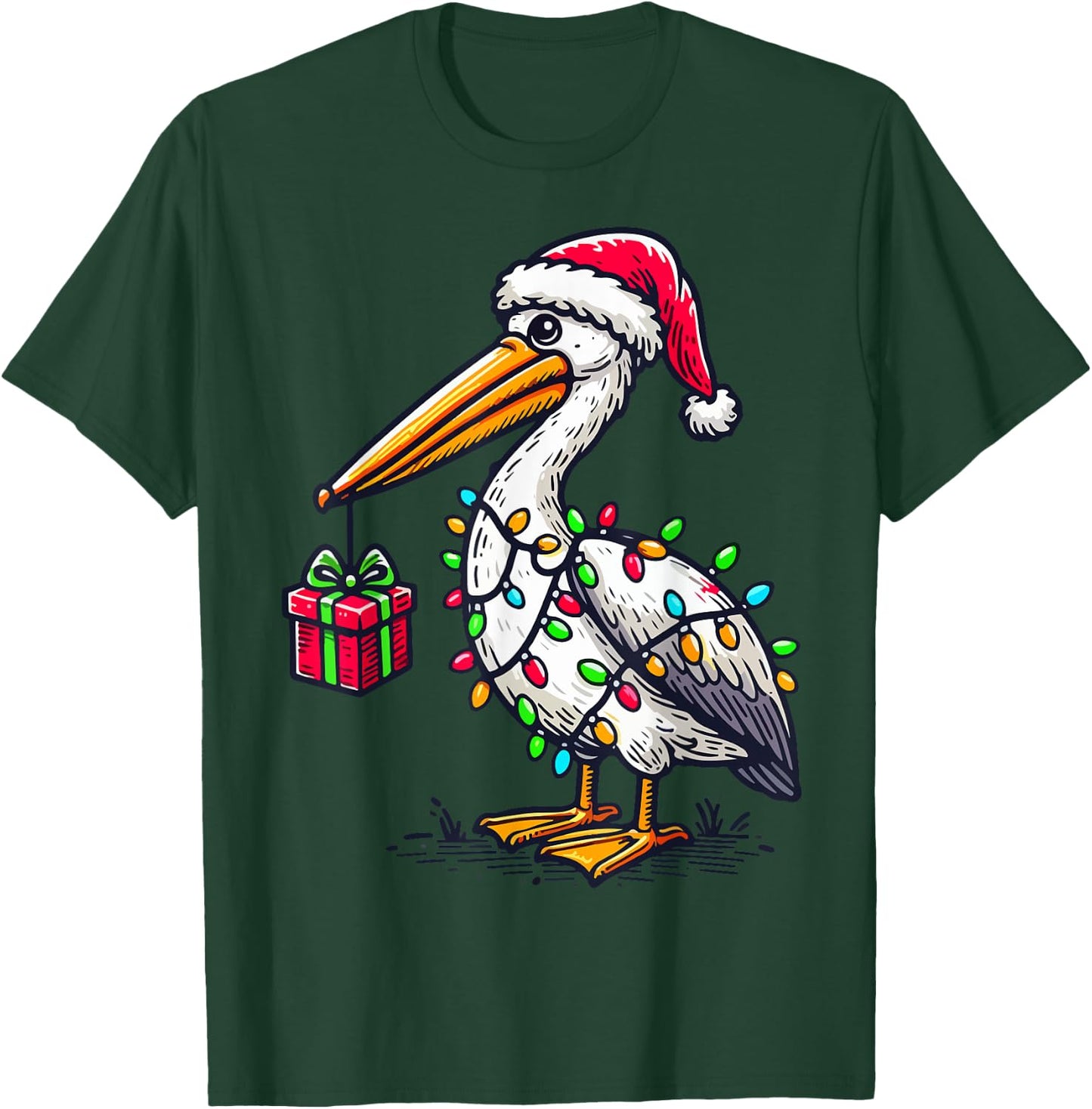 Pelican Bird Wearing Santa Hat, Holding A Present Box Xmas T-Shirt - T-Shirt | Forest