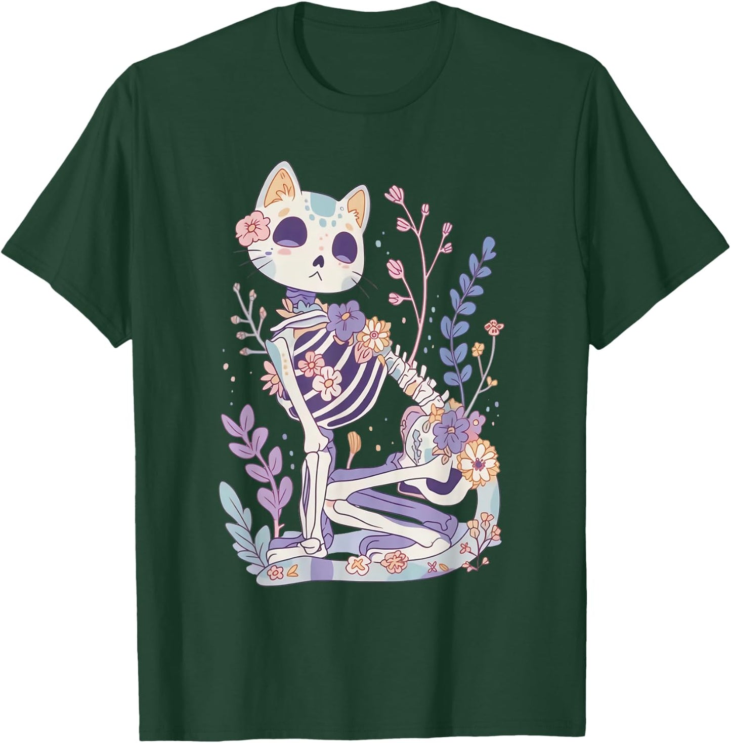 Kawaii Pastel Floral Goth Cute Creepy Cat Skeleton T-Shirt - T-Shirt | Forest
