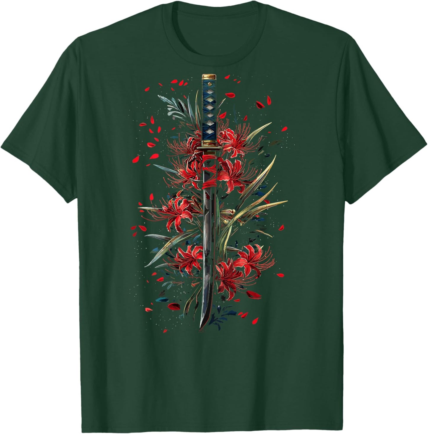 Red Spider Lily Flower Japanese Katana Sword Backprinted T-Shirt - T-Shirt | Forest