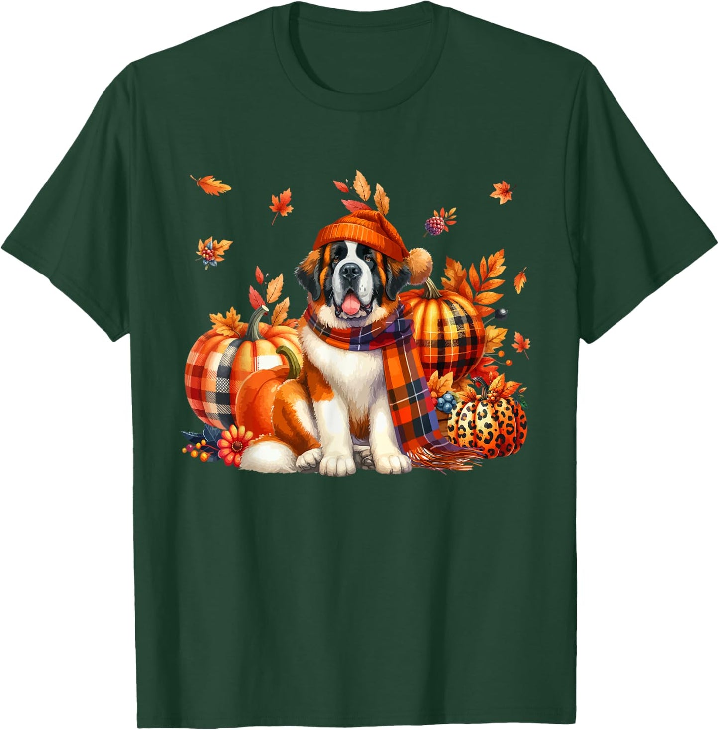 St. Bernard Thanksgiving Leopard Pumpkins Fall Leaves Lover T-Shirt - T-Shirt | Forest