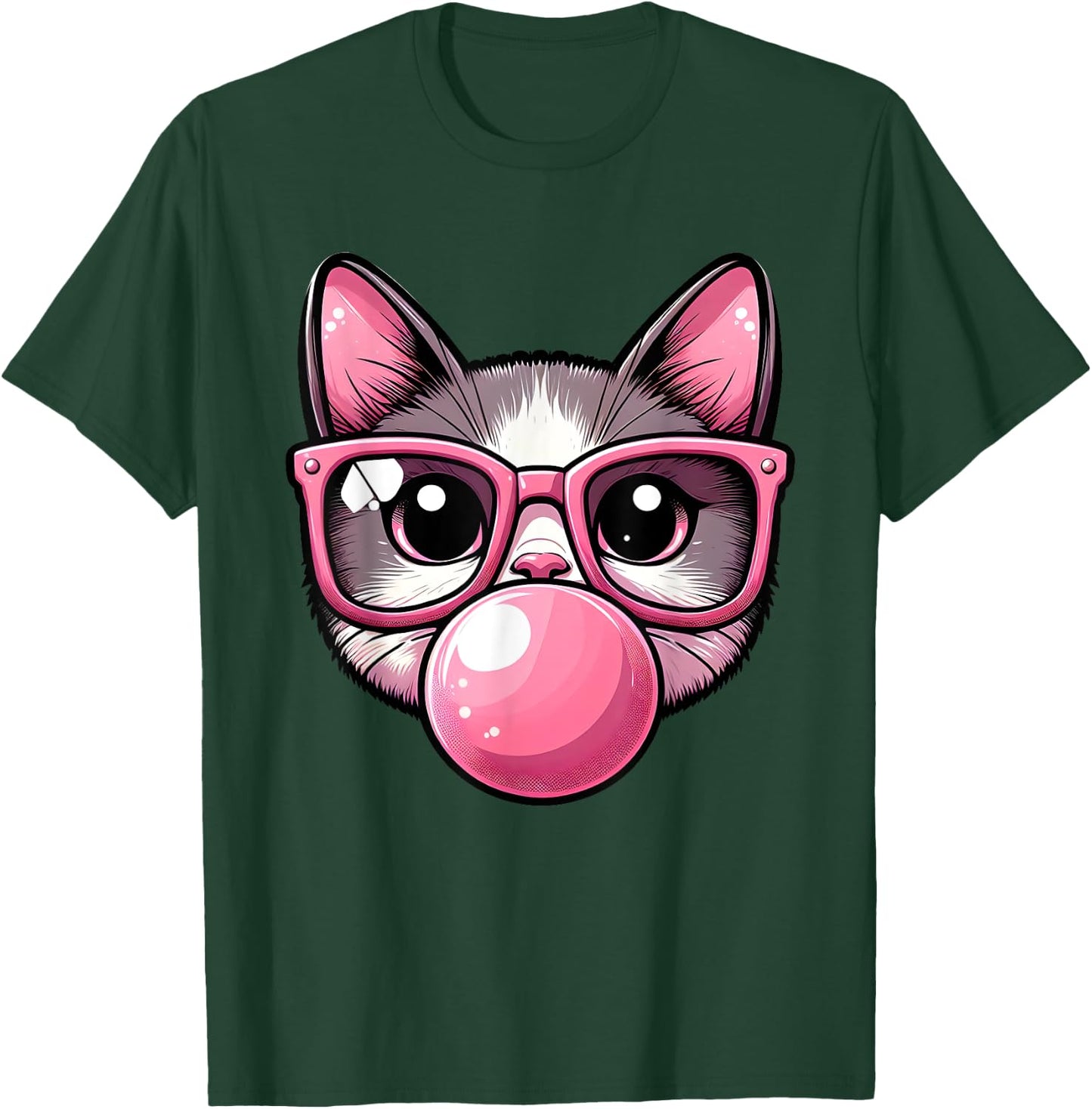 Cute and Funny Cat Pink Sunglasses And Blowing Bubble Gum Men Women Girls Kids T-Shirt - T-Shirt | Forest