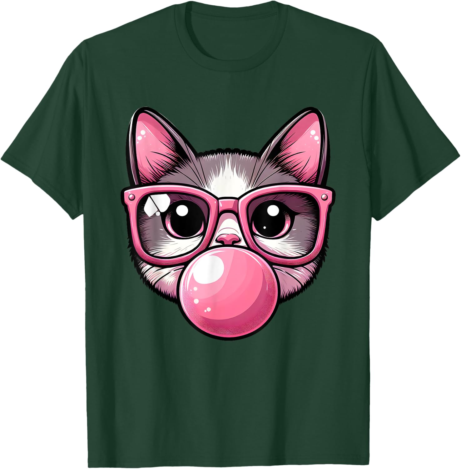 Cute and Funny Cat Pink Sunglasses And Blowing Bubble Gum Men Women Girls Kids T-Shirt - T-Shirt | Forest