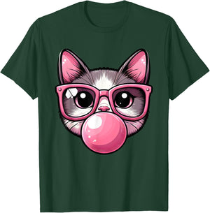 Cute and Funny Cat Pink Sunglasses And Blowing Bubble Gum Men Women Girls Kids T-Shirt - T-Shirt | Forest