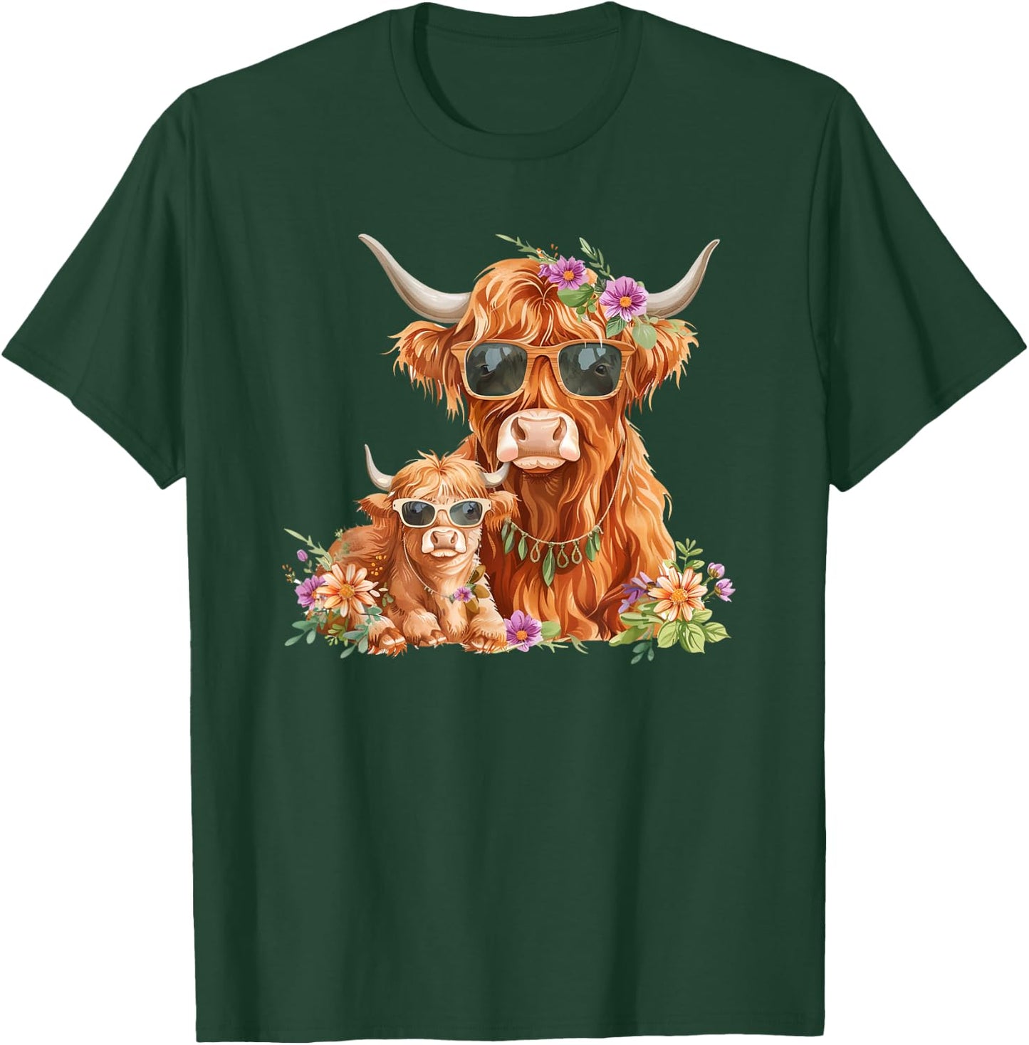 Cute Mama Highland Cow With Baby Calf Boho Floral Mommy Cow T-Shirt - T-Shirt | Forest