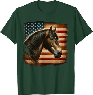 American Flag Patriotic Horse Horseback Riding Western Farm Kids Men T-Shirt - T-Shirt | Forest