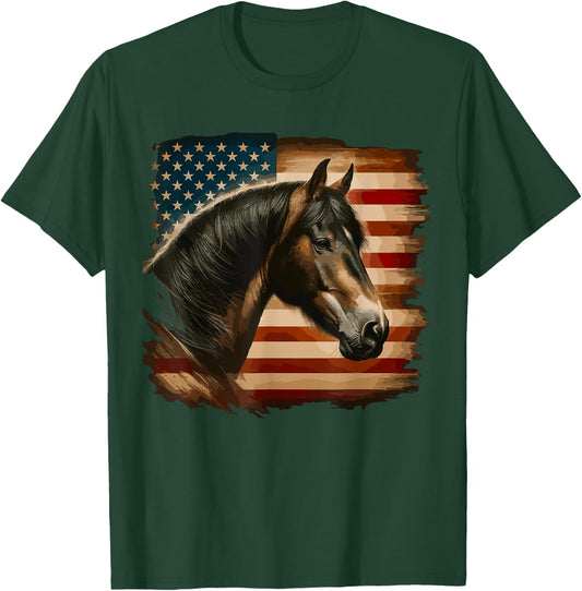 American Flag Patriotic Horse Horseback Riding Western Farm Kids Men T-Shirt - T-Shirt | Forest