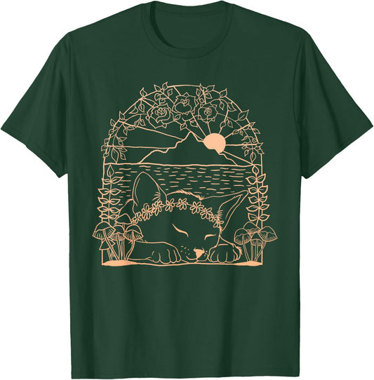 Cottagecore Aesthetic Cat with Mushroom and Flowers Women Kids T-Shirt - T-Shirt | Forest