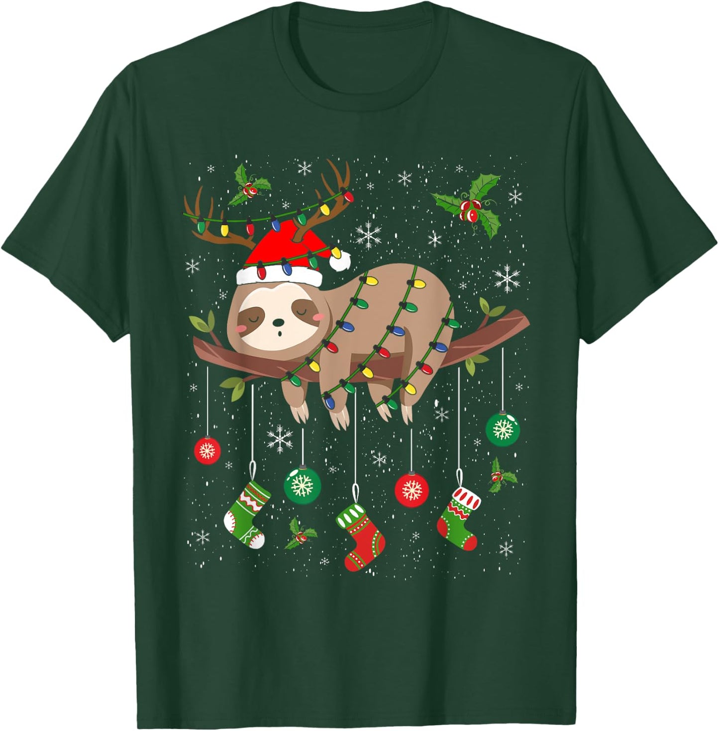Sloths Xmas Lighting Reindeer Santa Hat Sloth Christmas T-Shirt - T-Shirt | Forest