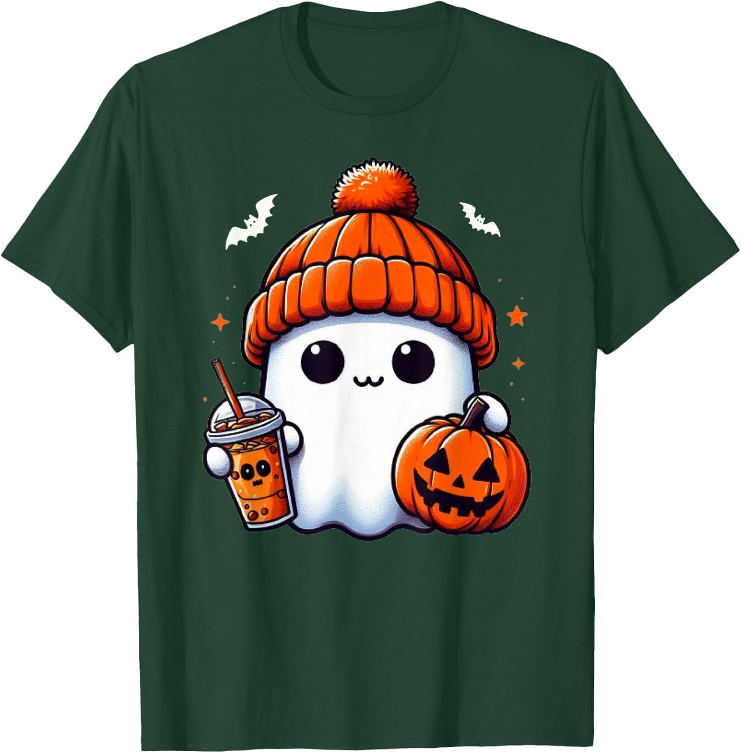 Cute Ghost Drinking Coffee Halloween Ghost Ice Coffee T-Shirt - T-Shirt | Forest