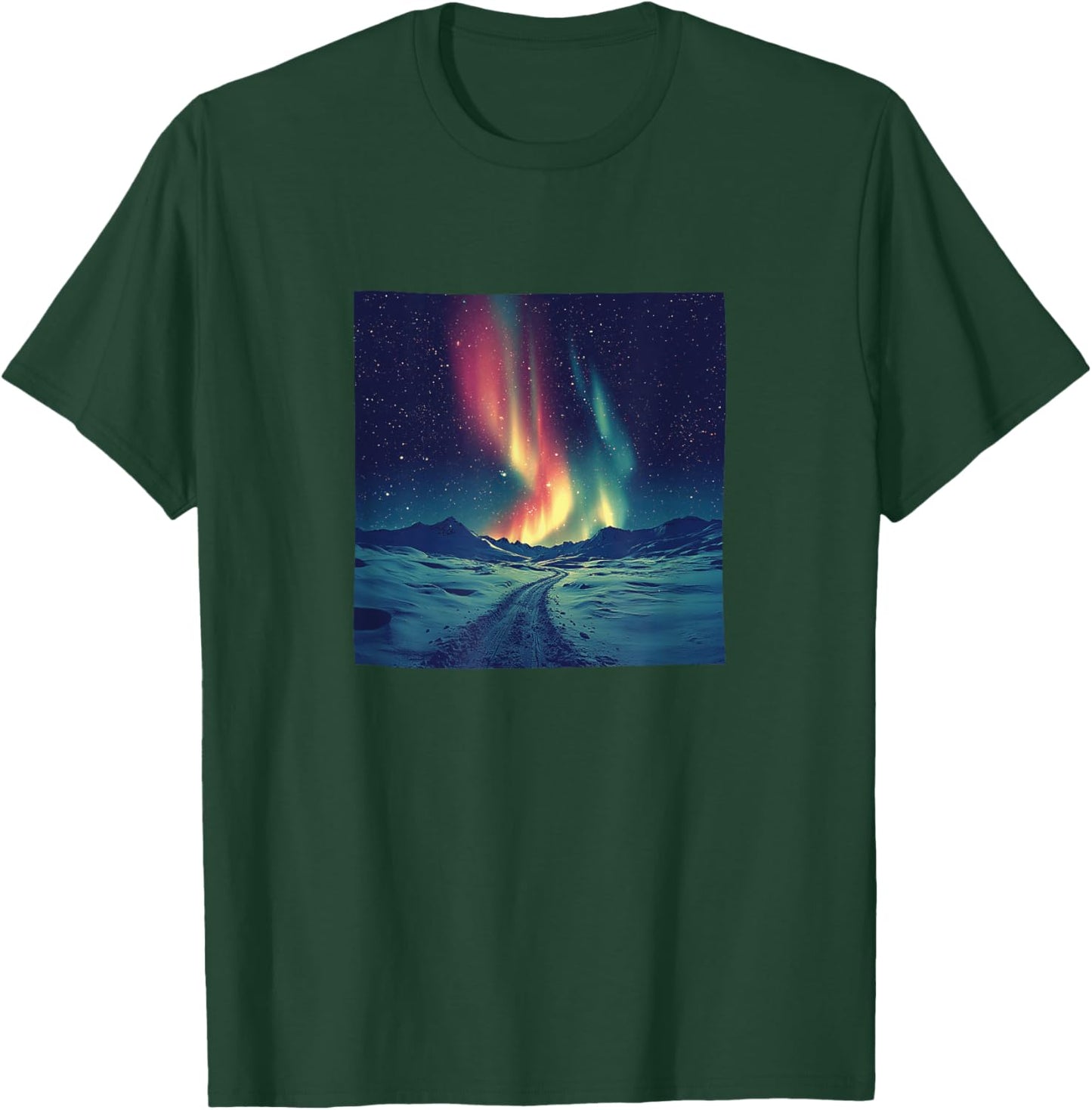 Northern Lights Over Snow Vintage Landscape Graphic T-Shirt - T-Shirt | Forest