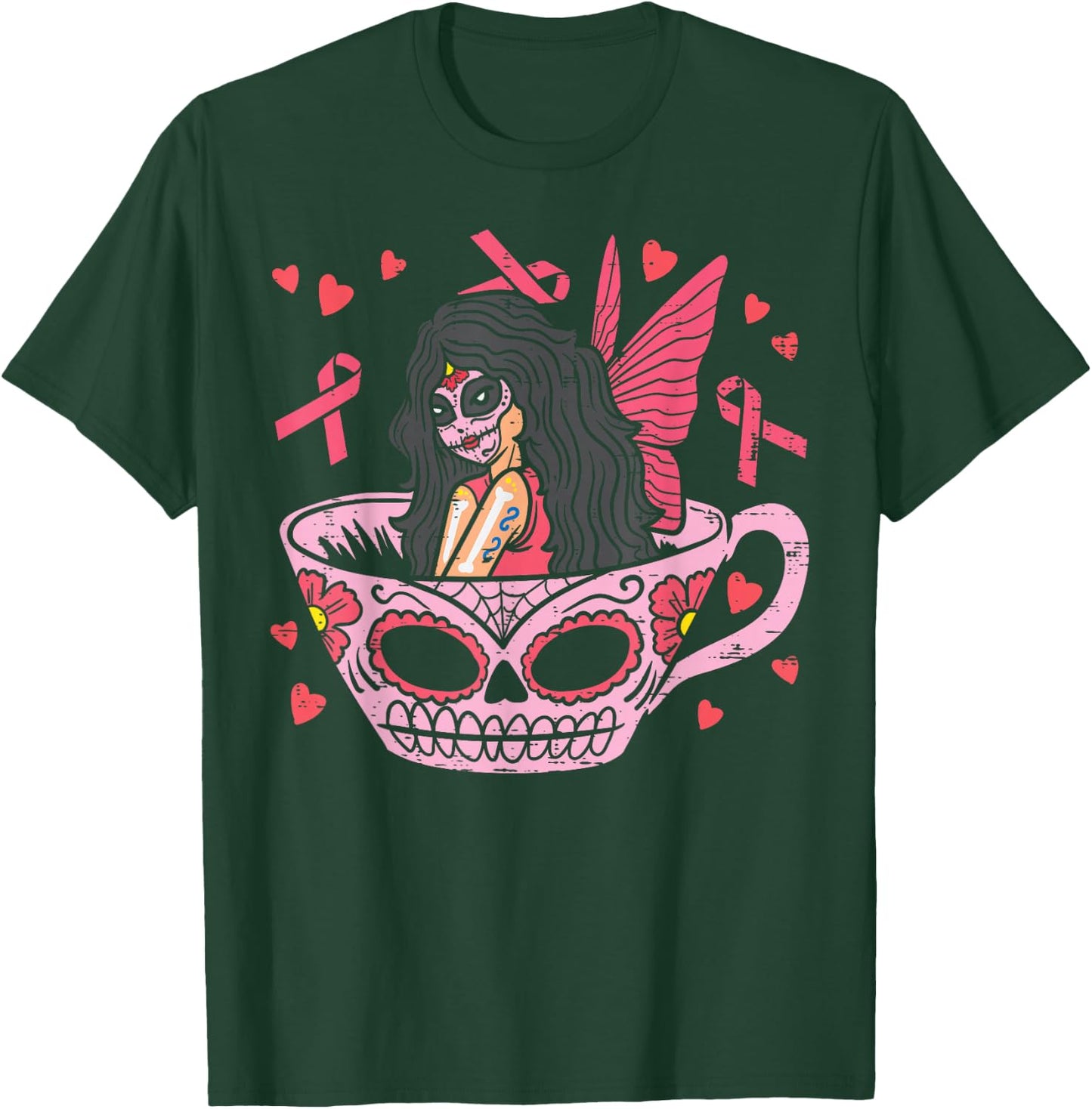 Sugar Skull Fairy In Tea Cup Breast Cancer Awareness Mexican T-Shirt - T-Shirt | Forest
