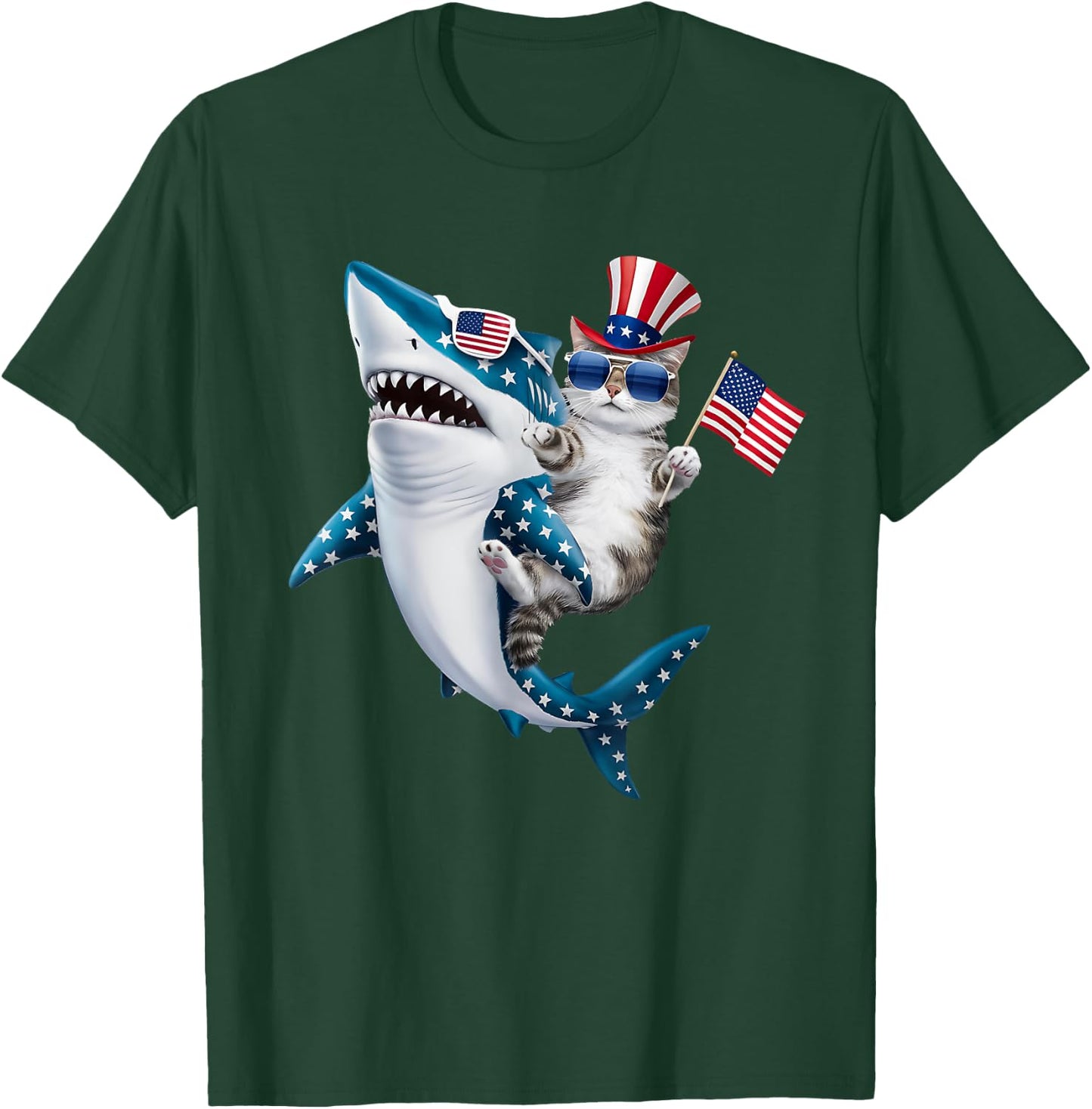Awesome Patriotic Cat Riding Shark usa flag sunglasses Women Kids Men T-Shirt - T-Shirt | Forest