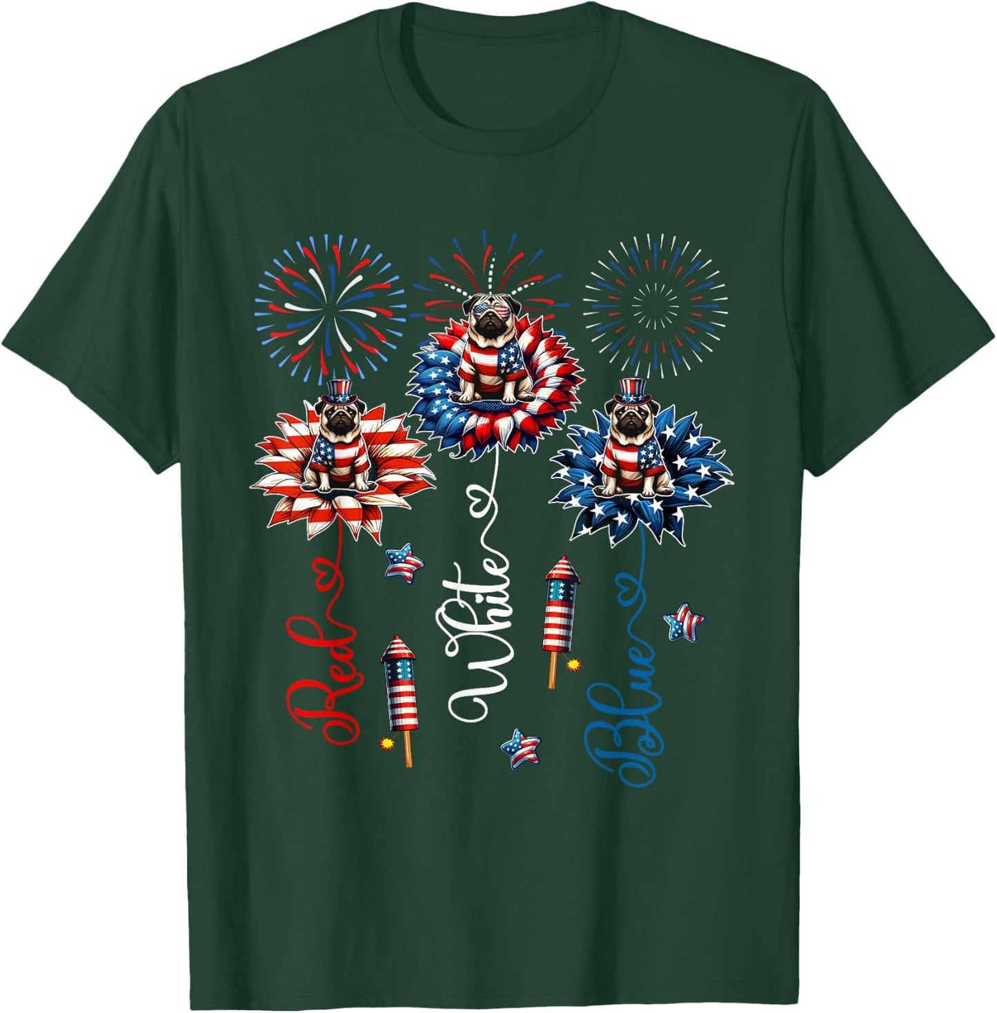 Red Blue White Three Cute Pugs On Floral 4th July Patriotic T-Shirt - T-Shirt | Forest