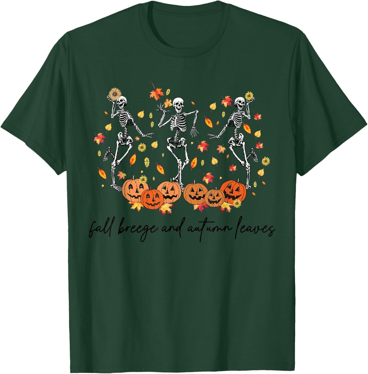 Fall Breeze and Autumn Leaves Dancing Skeleton Halloween T-Shirt - T-Shirt | Forest