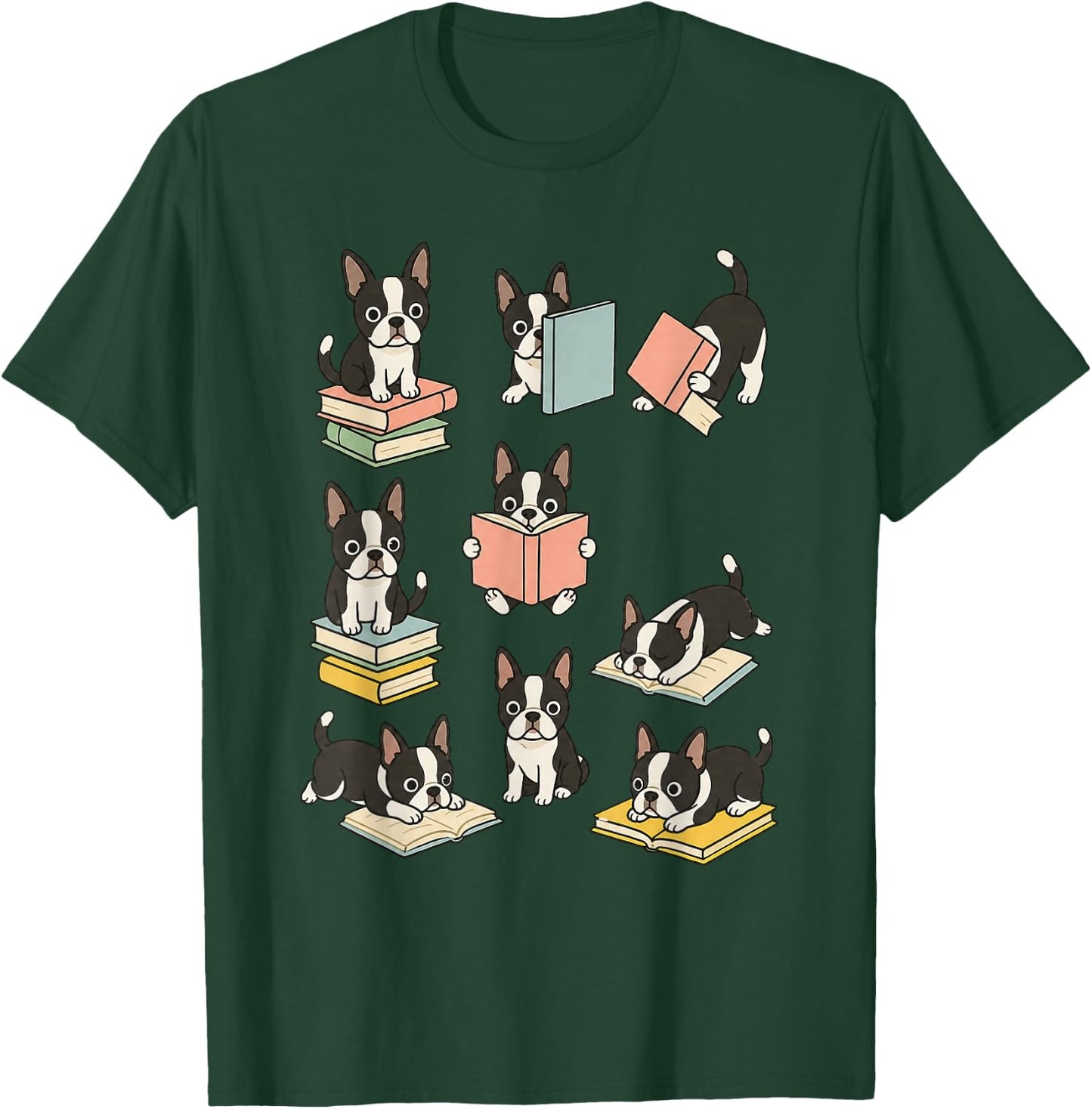 Cute Dog Boston Terrier Reading Book T-Shirt - T-Shirt | Forest