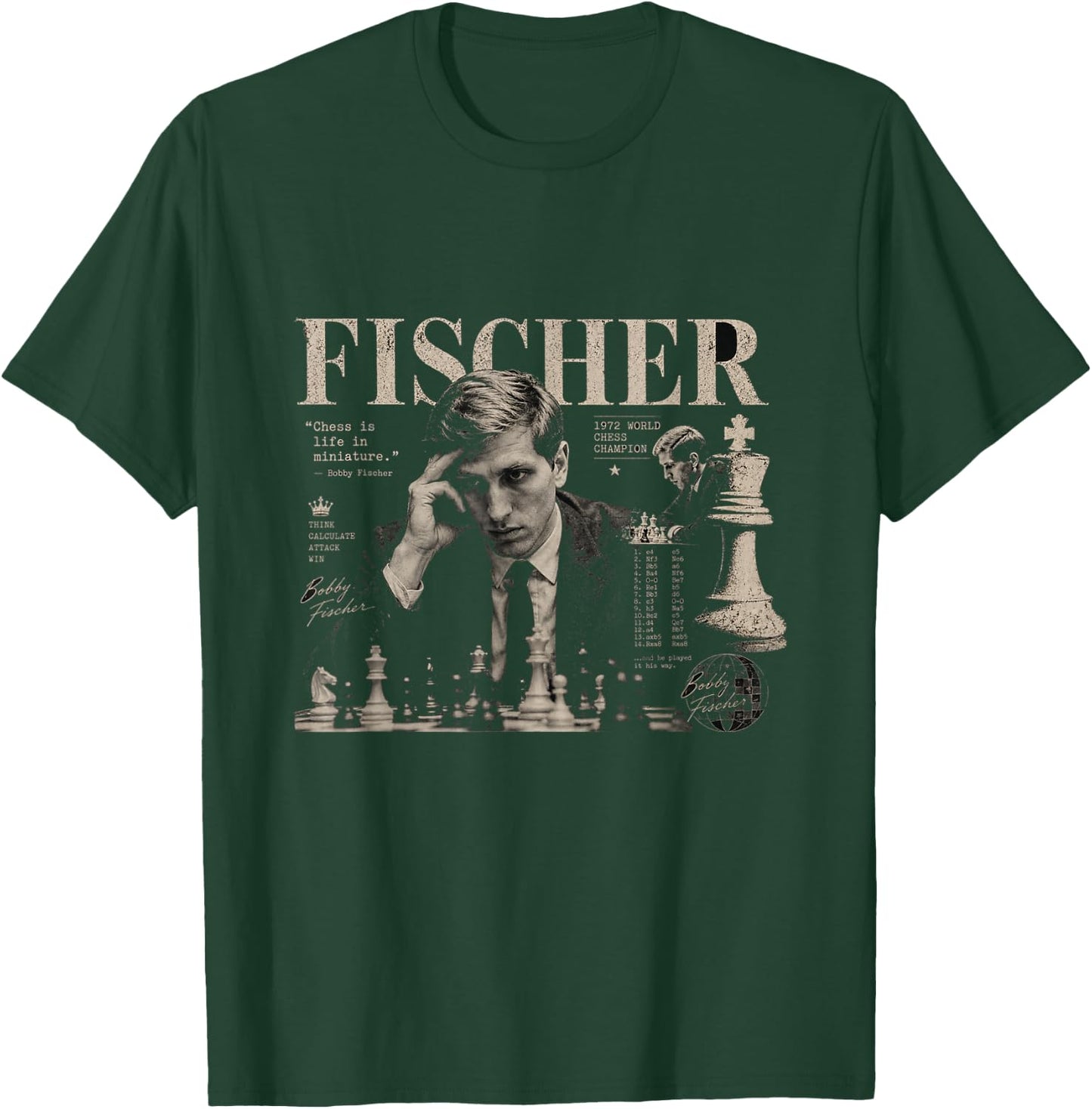 Bobby Fischer Chess Legend Vintage Portrait T-Shirt - T-Shirt | Forest