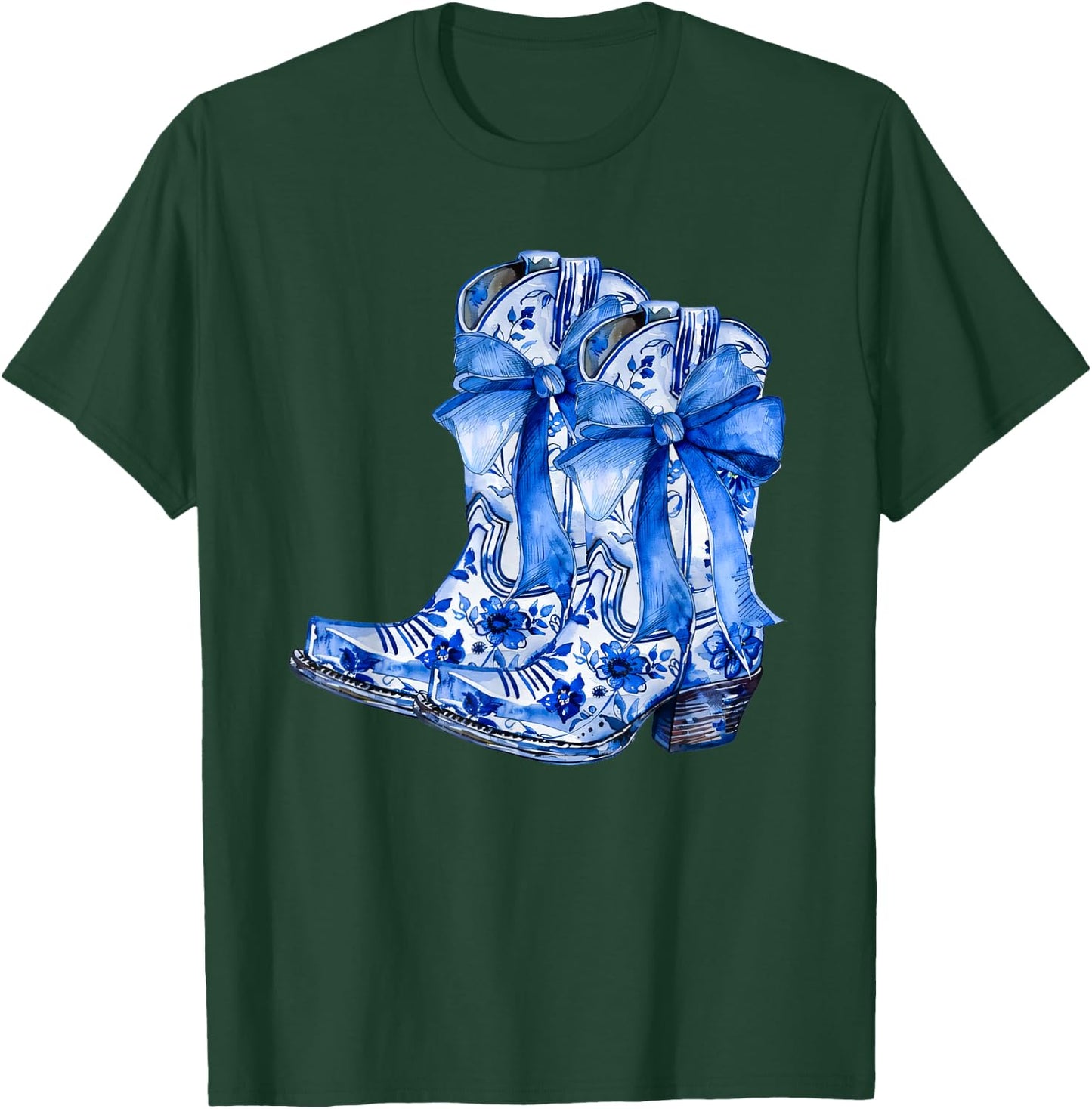 Boots Bow Coquette Coastal Cowgirl Blue Chinoiserie Floral T-Shirt - T-Shirt | Forest