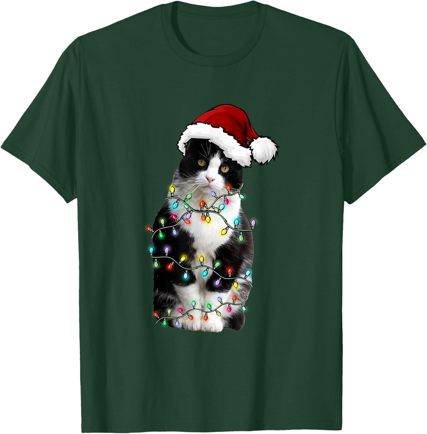 Cute Tuxedo Black Cat Christmas Light Cat Christmas Pajama Men Women Kids T-Shirt - T-Shirt | Forest
