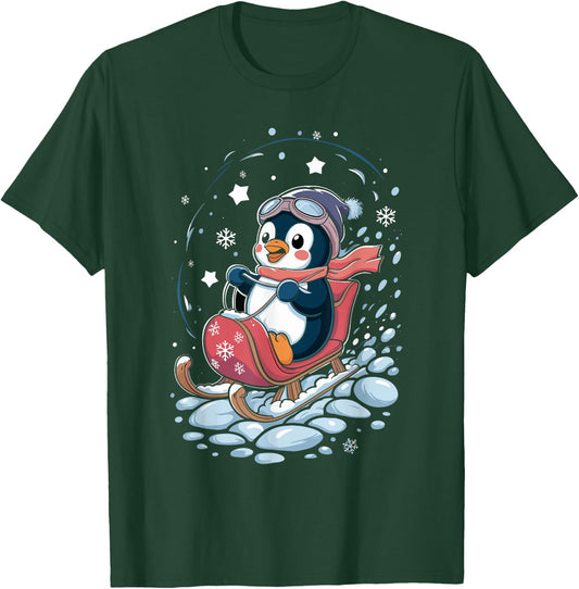 Penguin Snow Sledding Winter Cute Animal Sleigh Sled T-Shirt - T-Shirt | Forest