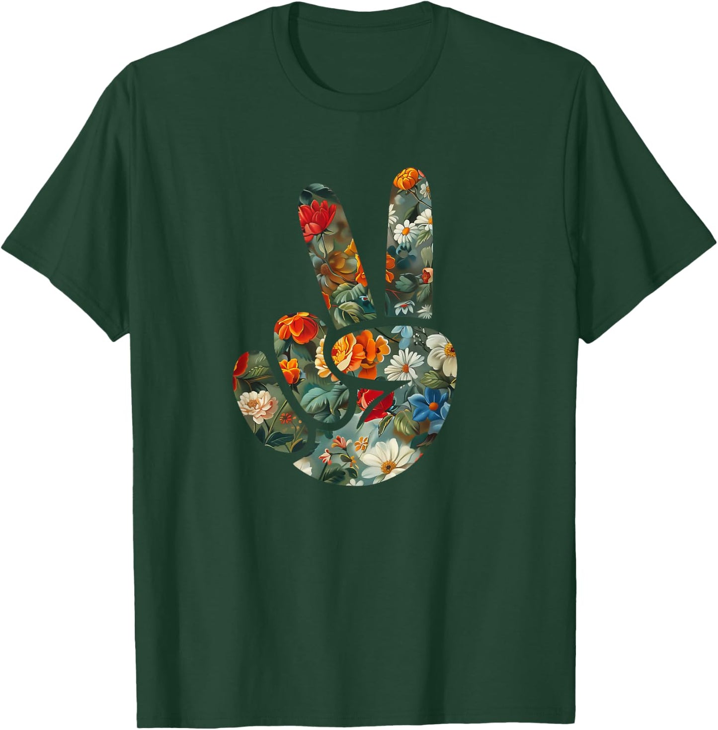 Elegant Silhouette Wildflowers Floral Peace Sign Hand T-Shirt - T-Shirt | Forest