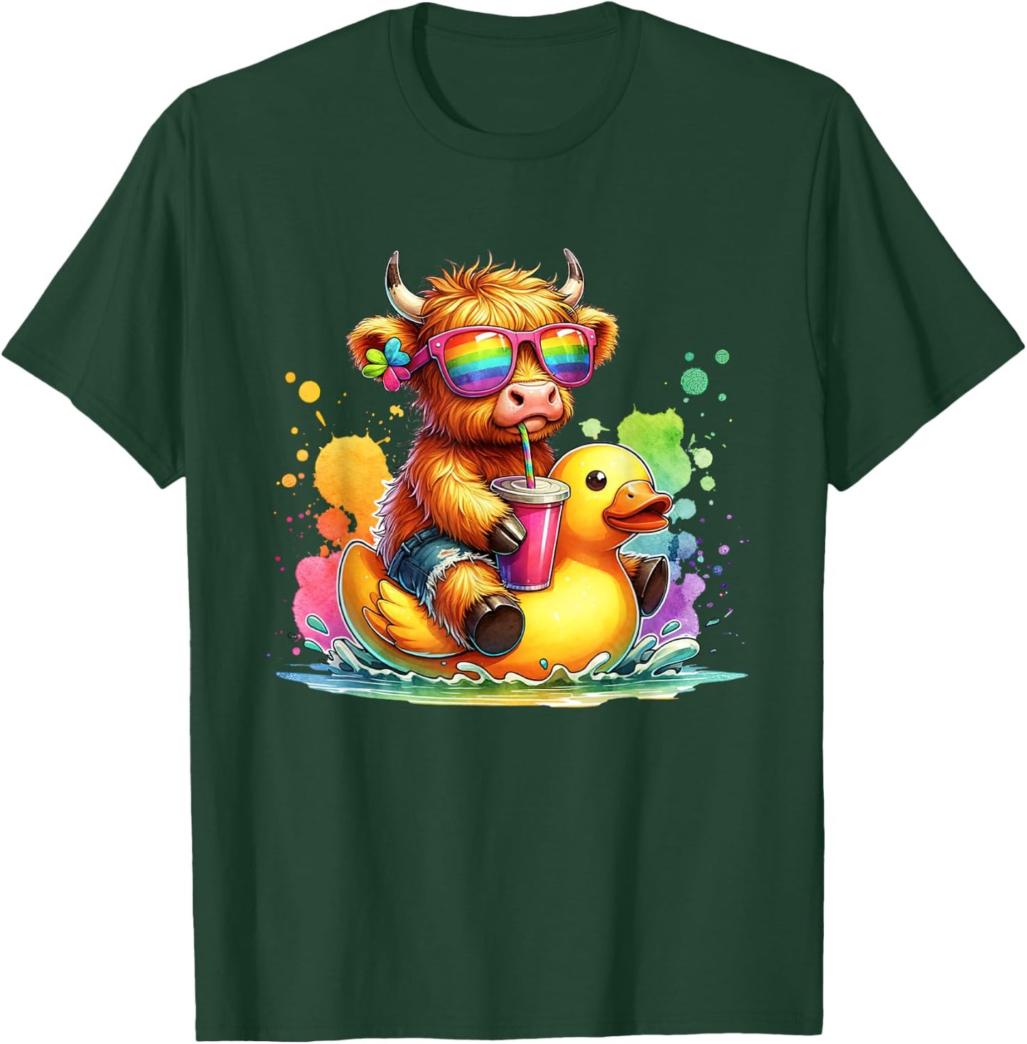 Cute Highland Cow Duck Pool Float Summer Vibes Swimming T-Shirt - T-Shirt | Forest