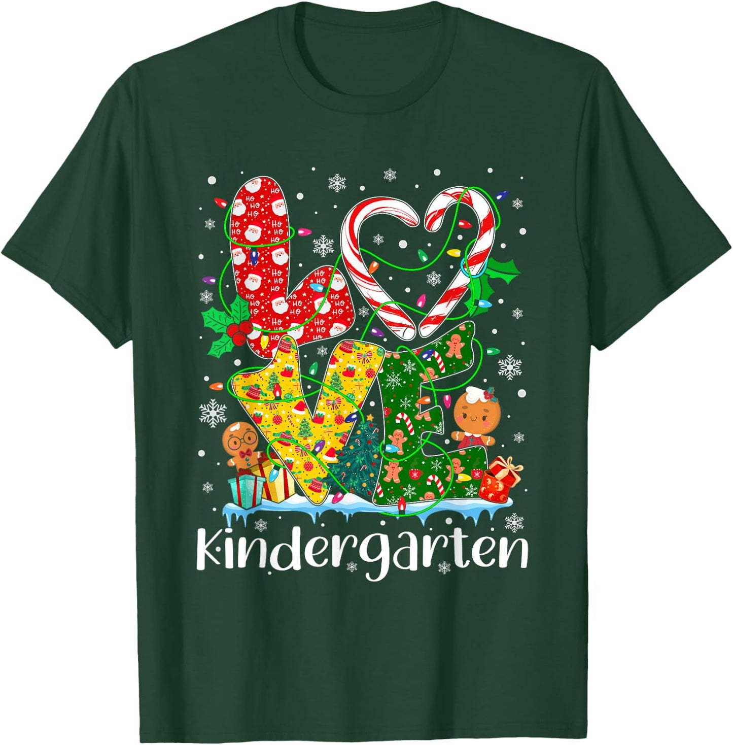 Love Kindergarten Teacher Xmas Gingerbread Christmas Pajamas T-Shirt - T-Shirt | Forest