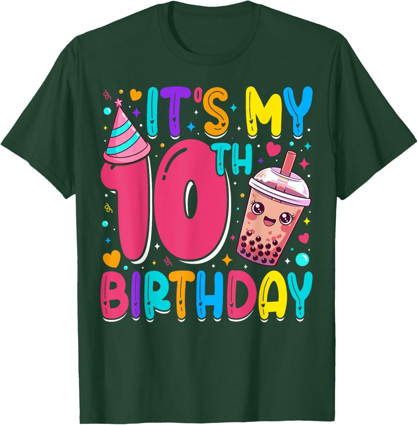 It's My 10th Birthday Bubble Boba Tea Party 10 Year Old Girl T-Shirt - T-Shirt | Forest