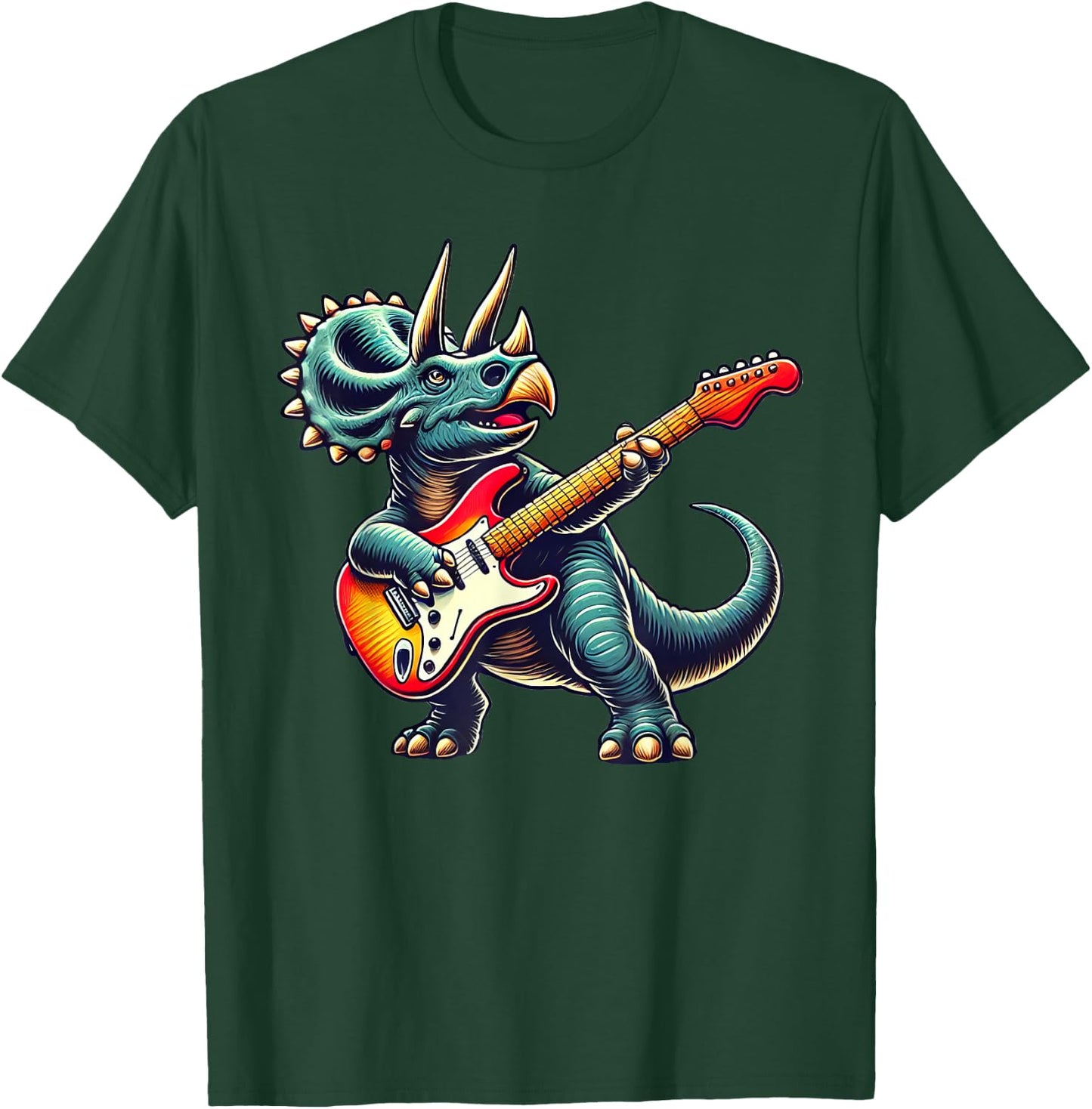 Triceratops Dinosaur Playing Guitar Musician Music T-Shirt - T-Shirt | Forest