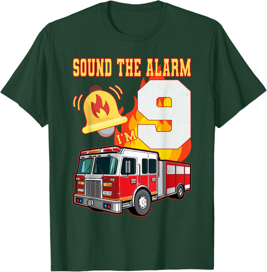 Kids Fire Truck 9th Birthday Boy Firefighter 9 Year Old T-Shirt - T-Shirt | Forest