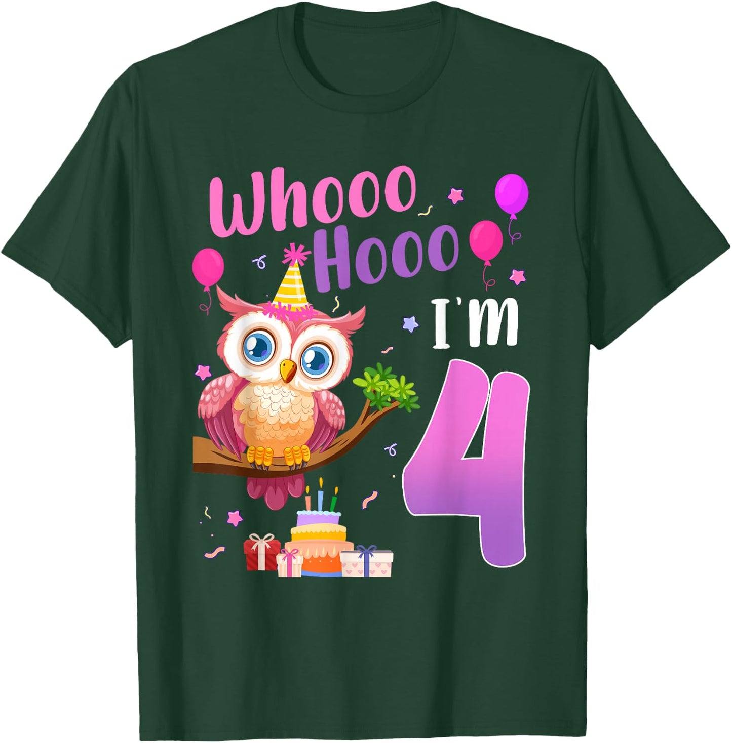 Whooo Hooo I’m 4 Year Old Cute Owl 4th Birthday Girl T-Shirt - T-Shirt | Forest