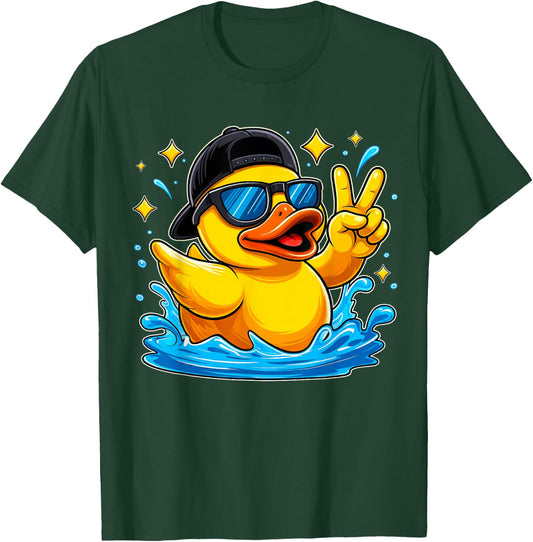 Funny Peace Sign Yellow Rubber Duck Sunglasses Kids Boys T-Shirt - T-Shirt | Forest