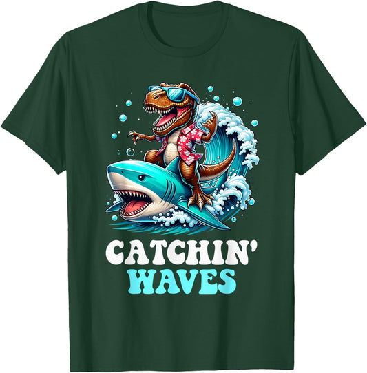 Catchin Waves T-Rex Dinosaur Riding Shark Surfing Wave Beach Women Kids T-Shirt - T-Shirt | Forest