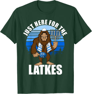 Just Here For The Latkes Hanukkah Bigfoot Boy Men T-Shirt - T-Shirt | Forest