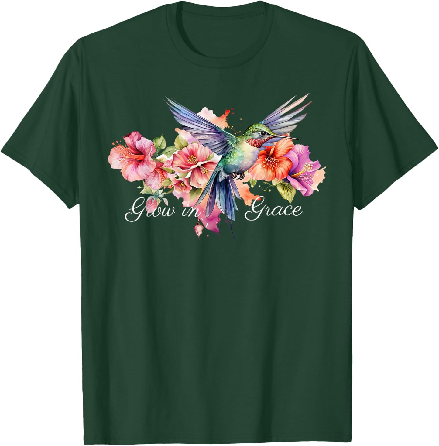 Grow In Grace Flower Hummingbird Christian Bible Verse T-Shirt - T-Shirt | Forest