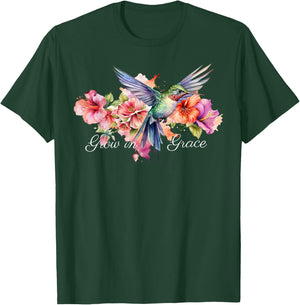 Grow In Grace Flower Hummingbird Christian Bible Verse T-Shirt - T-Shirt | Forest