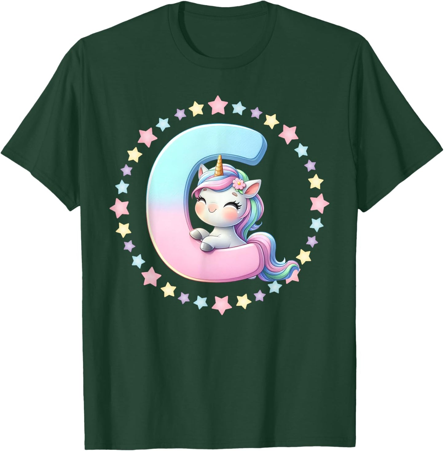 Unicorn Letter C Initial Rainbow Monogram Girls Kids T-Shirt - T-Shirt | Forest