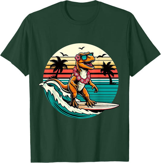 Funny Dinosaur Surfboard Beach Summer Surfing Trex Hawaiian T-Shirt - T-Shirt | Forest