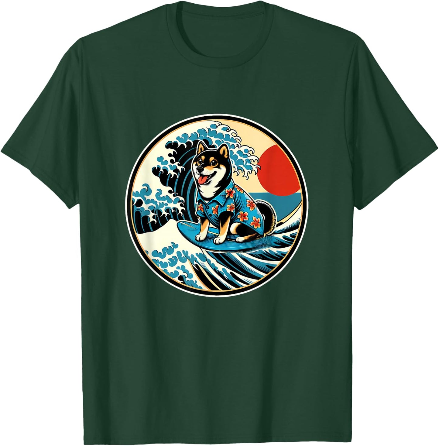 Great Wave Kanagawa Black and tan Shiba Inu Surfing T-Shirt - T-Shirt | Forest