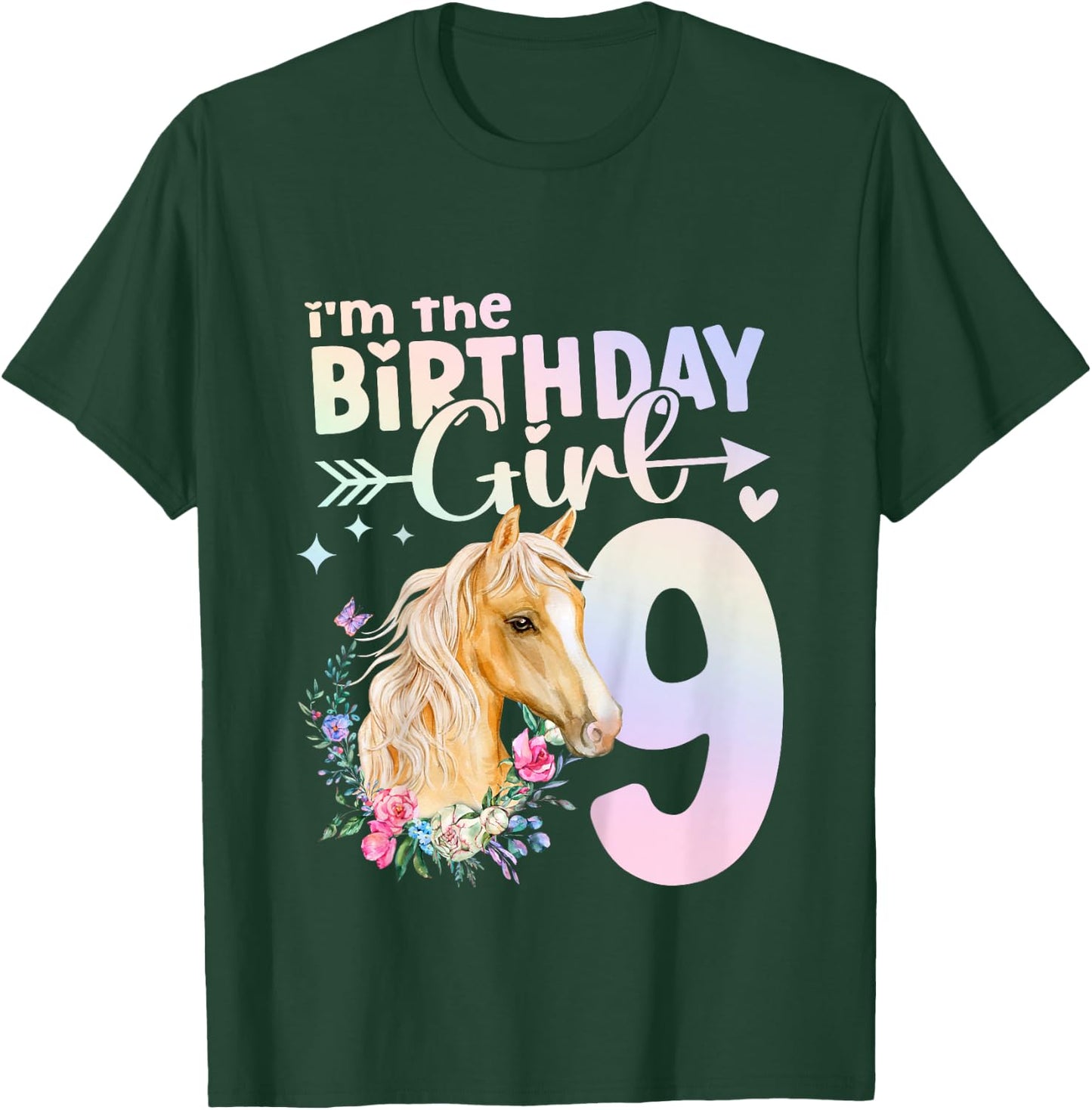 9th Birthday Horse Girl 9 Years Old Nine 9 Birthday Girl T-Shirt - T-Shirt | Forest