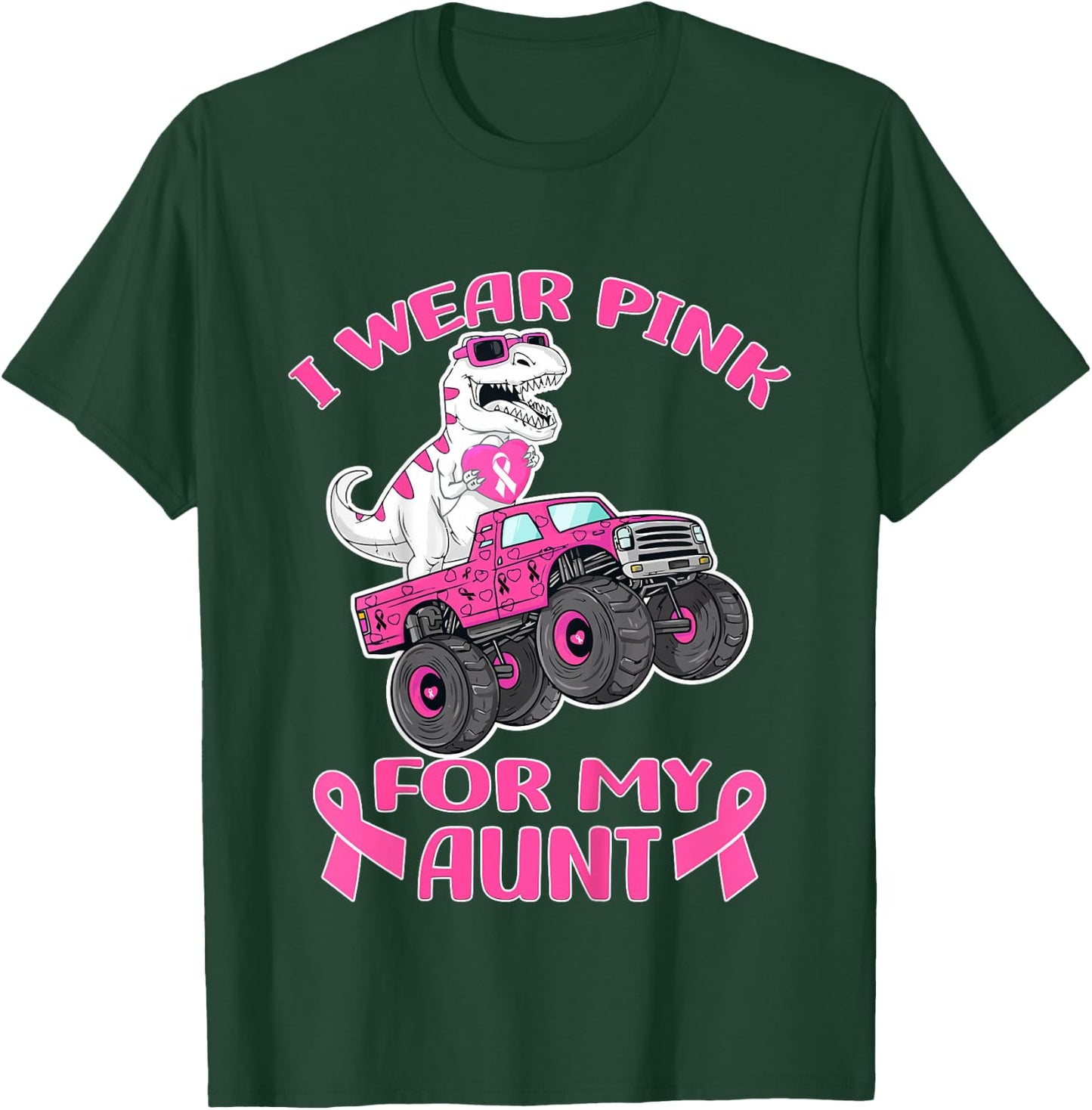 Kids Truck T-Rex Breast Cancer I Wear Pink For My Aunt T-Shirt - T-Shirt | Forest