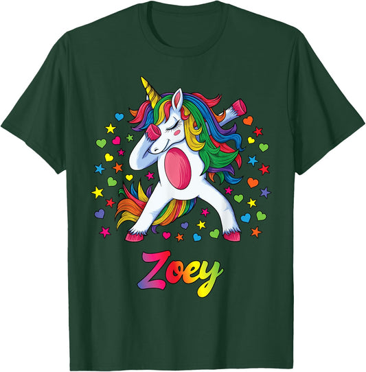 Zoey Dabbing Unicorn Rainbow Personalized Name Custom T-Shirt - T-Shirt | Forest