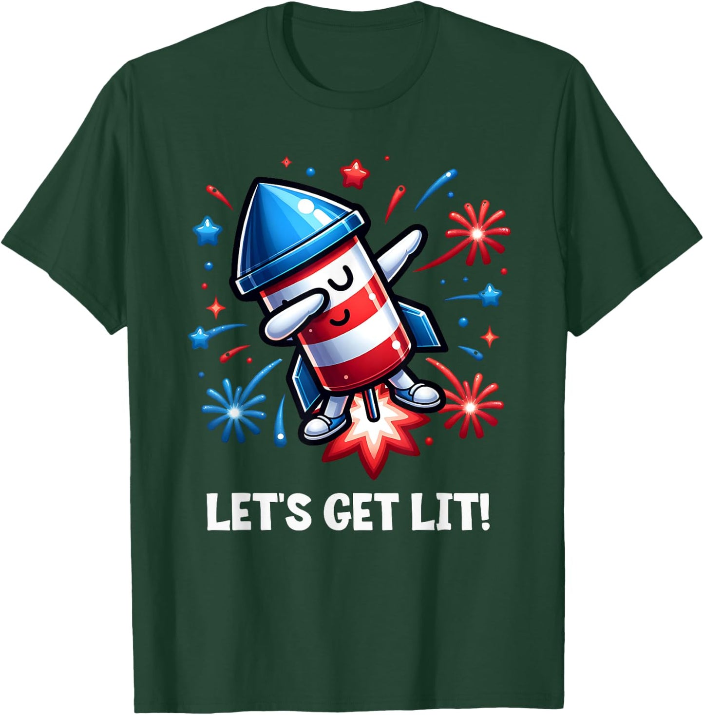 4th of July Let's Get Lit Dabbing Rocket Fireworks Patriotic T-Shirt - T-Shirt | Forest