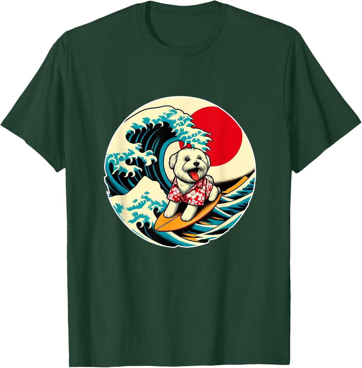 Great Wave Kanagawa Maltese dog Surfing Women Kids T-Shirt - T-Shirt | Forest